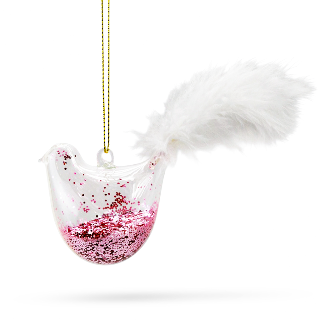 Елочная игрушка Птичка с белым хвостом и розовым глиттером 15 см | Интернет-магазин Кактус