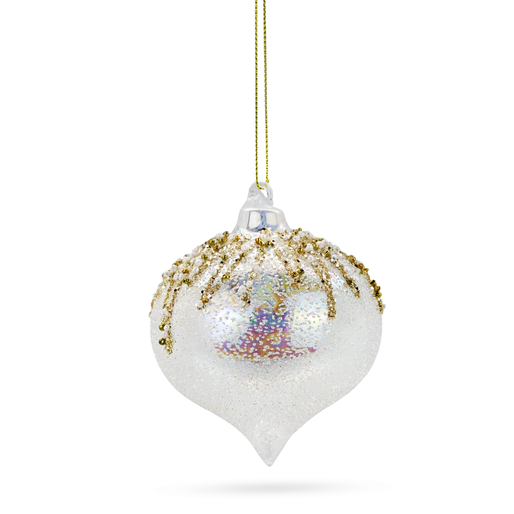 Елочная игрушка Луковица прозрачная с золотыми бисером 8 см | Интернет-магазин Кактус