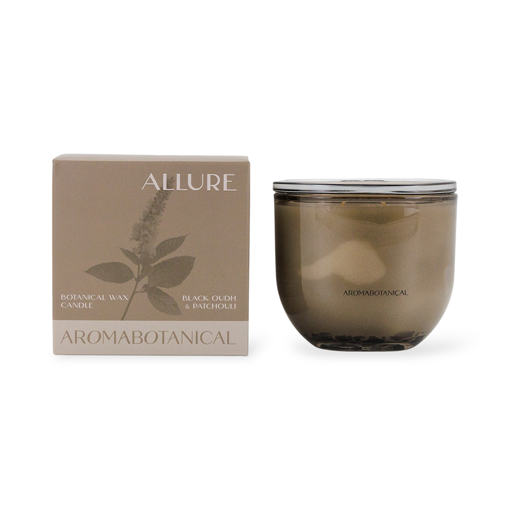 Свеча в стеклянном подсвечнике Allure Черный уд и пачули серый 400г | Интернет-магазин Кактус